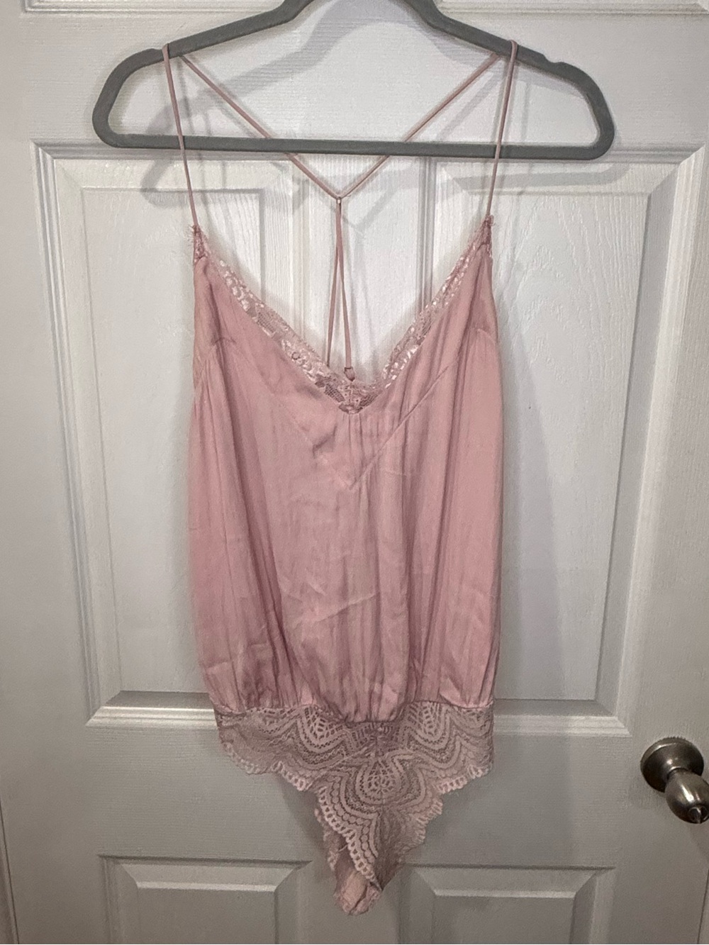 Free People Intimately "HBD" Lace & Satin Thong Bodysuit blush pink